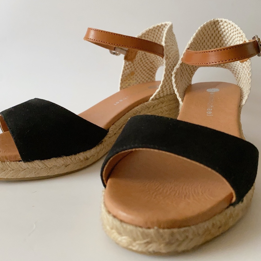 Eric Michael Black and Tan Espadrille Wedge Sandals